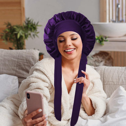 VECIIR Silk Bonnet for Sleeping Women, Ajustable Hair Bonnet for Curly Hairs Satin Bonnet Reduce Friction Prevent Frizz Black，Large