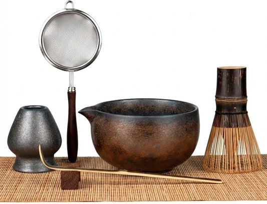 Matcha Whisk Set 7-Piece with Handmade Matcha Bowl & 100-Prong Purple Bamboo Whisk (Chasen), Complete Matcha Kit with Holder, Scoop & Rest, Bamboo Tea Mat, Gift-Ready Matcha Set