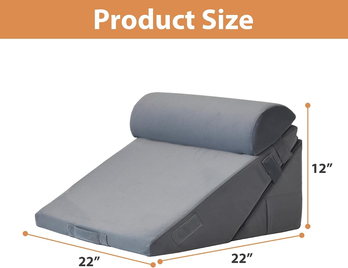 BIEEZZK Wedge Pillow Set for After Surgery, Wedge Pillow for Acid Reflux, Bed Wedge Pillow with Adjustable 9&12inch for Headboard,Sleeping, Orthopedic Memory Foam for Neck&Back Support, White/Grey