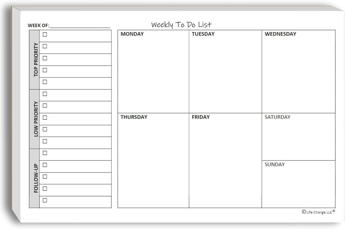 Life Charge Weekly Planner Notepad for Work & Home, Weekly To Do List Pad with Daily Checklist, Priority & Notes, 60 Pages, 8.5 x 11 Letter, Landscape