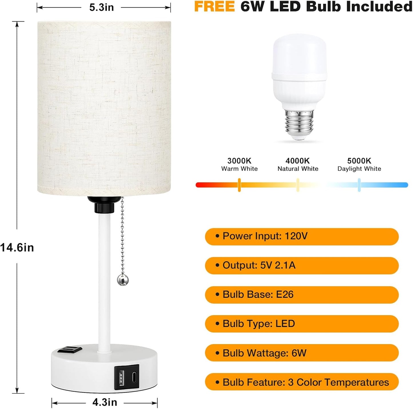 Small Bedside Table lamp for Bedroom - 3 Color Temperatures Bedside Lamps with USB C and A Ports, Pull Chain Table Lamps with AC Outlet, White Nightstand Lamps with Black Metal Base for Kids Reading
