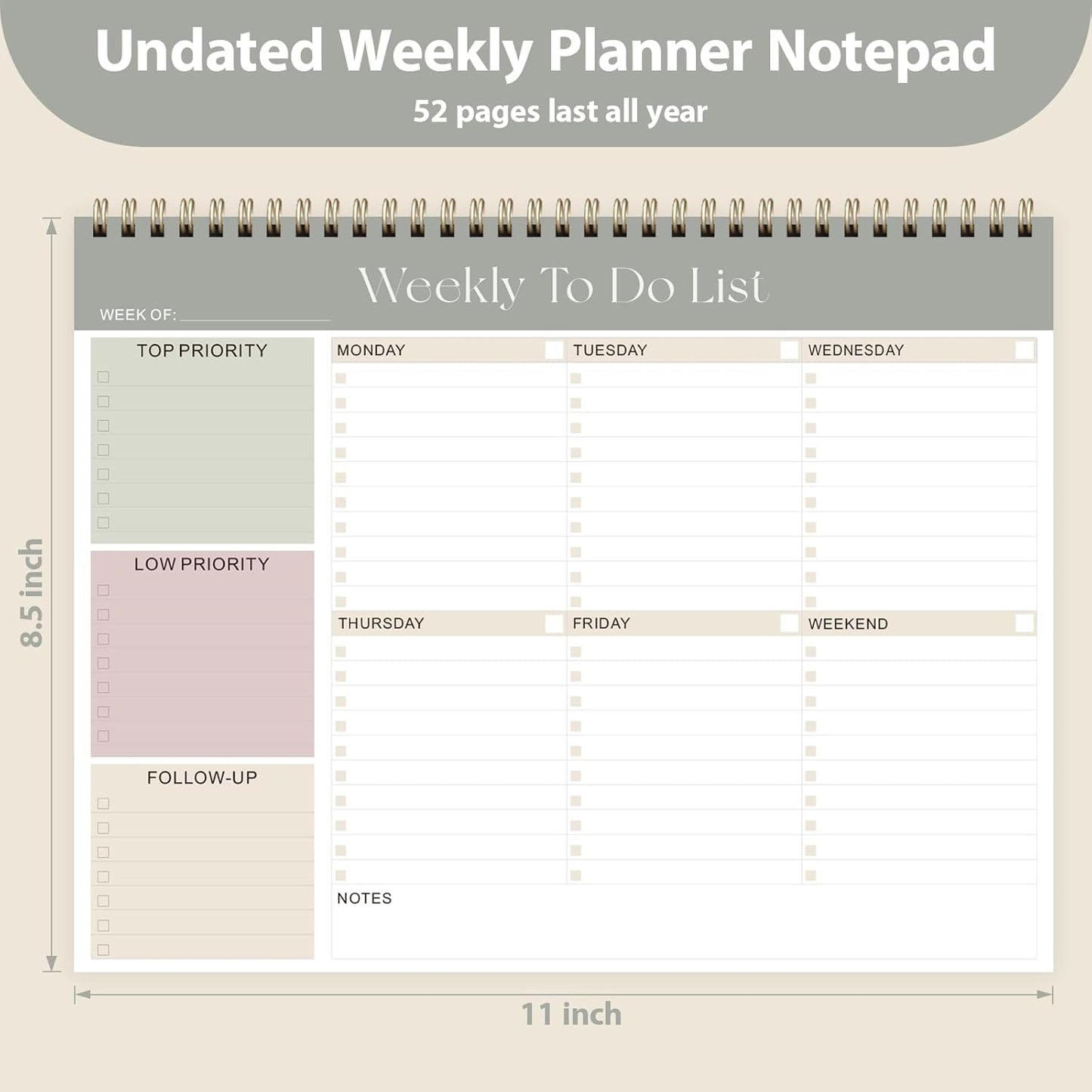 Weekly To Do List Notepad, Undated Planner with 52 Sheets (8.5''x11'') | Desk Accessories and Supplies, Women & Man, Home School & Work