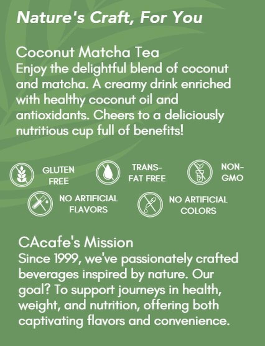 CAcafe Coconut Matcha | Instant Japanese Health Drink | Creamy & Sweet | Hot or Iced Green Tea Latte Mix | New Look, Reduced Sugar | Non-GMO | No Artificial Flavors or Colors | 2-Pack