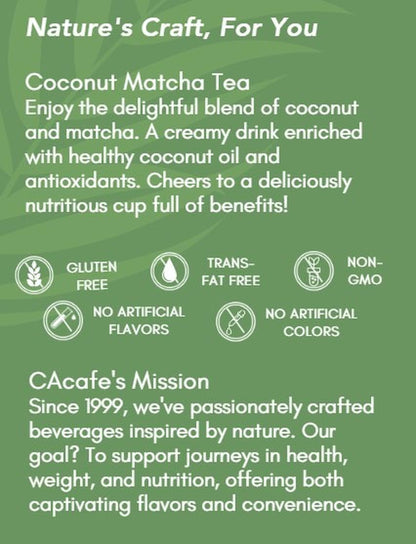 CAcafe Coconut Matcha | Instant Japanese Health Drink | Creamy & Sweet | Hot or Iced Green Tea Latte Mix | New Look, Reduced Sugar | Non-GMO | No Artificial Flavors or Colors | 2-Pack