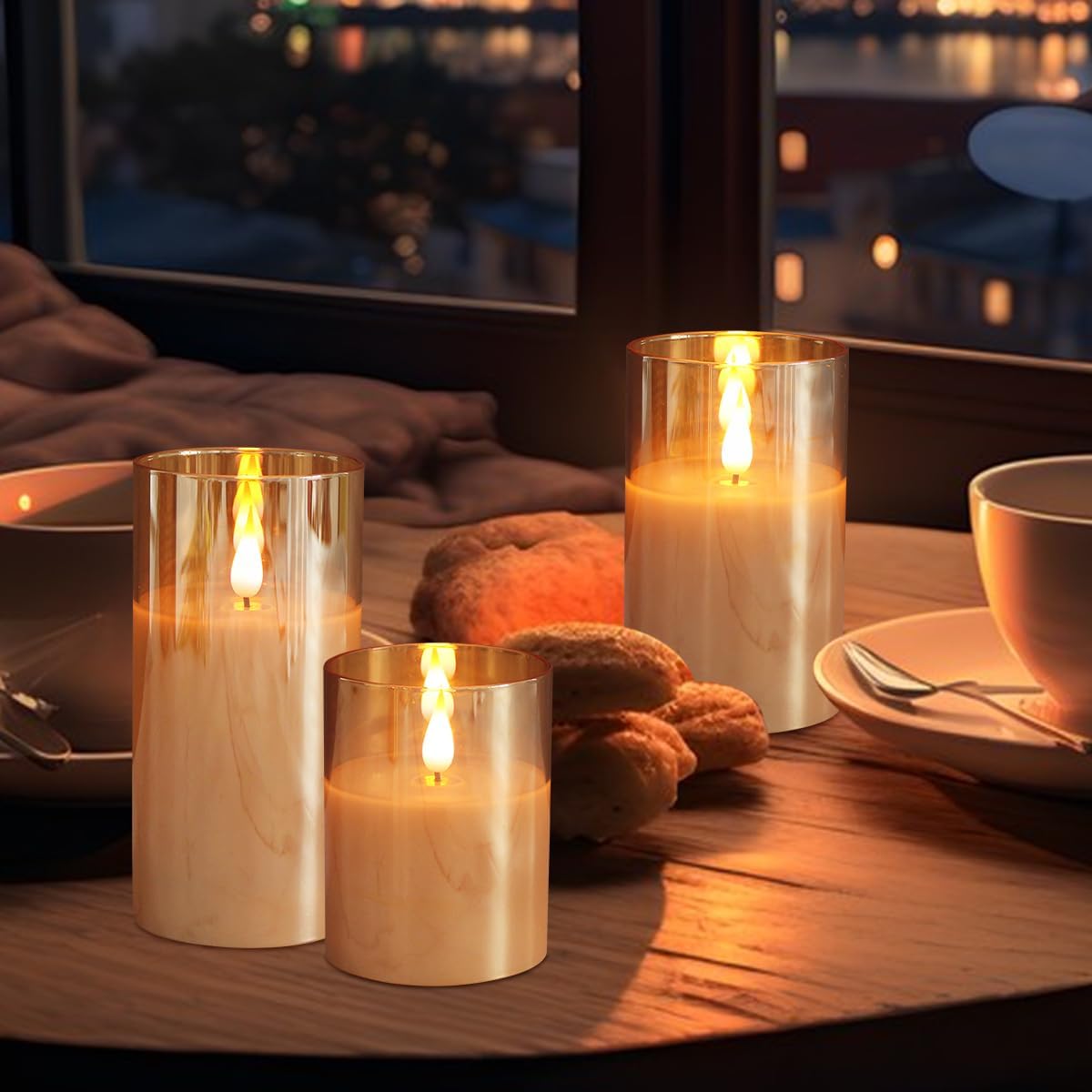 LEDHOLYT Rechargeable Flameless Glass Pillar Candles–Gifts for Women,–Set of 3, Realistic Flickering LED Flame,Remote & Timer, Ideal for Living Room, Bedroom & Halloween Festival Home Party Decor
