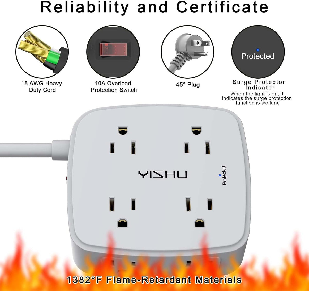 YISHU 6Ft Surge Protector Power Strip with 8 Widely Outlets & 4 USB Ports