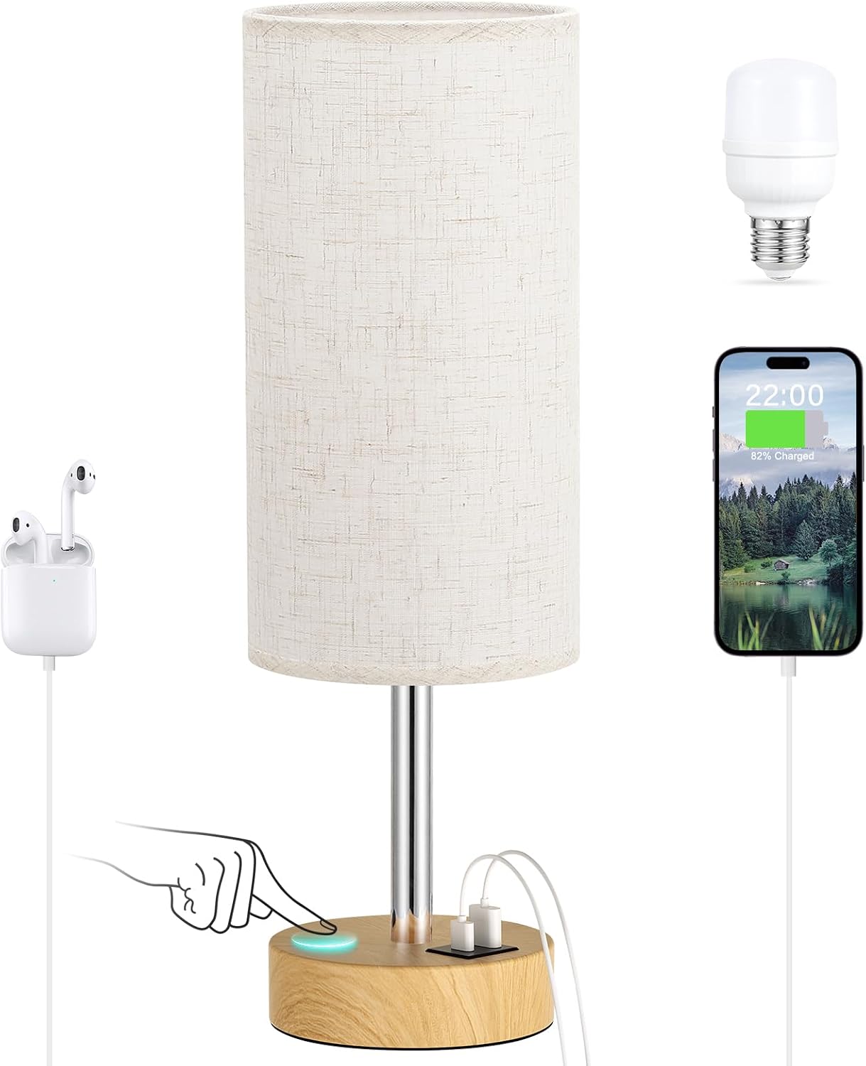 Dicoool Touch Bedside Table Lamp with USB - 3 Way Dimmable Wood Lamp for Bedroom Nightstand, Desk Lamp with Charging Station for Dorm, Living Room, Office, Kids Room, Small, 14in