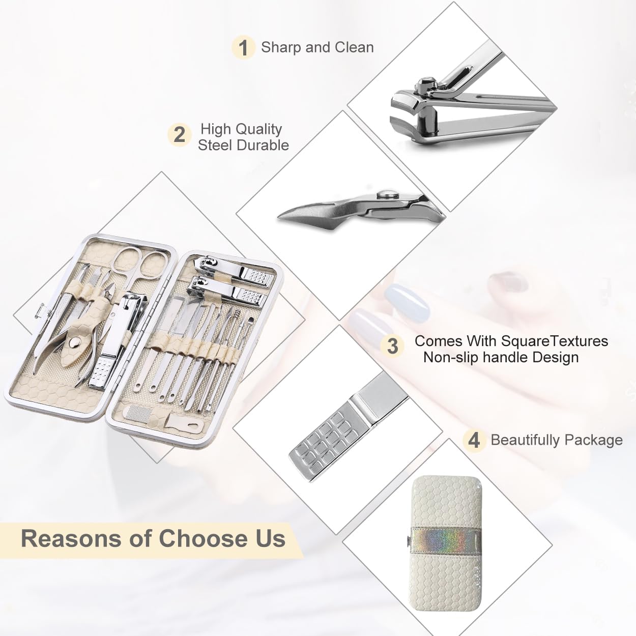 Yougai Manicure Set 18 Pieces Professional Nail Clippers Pedicure Kit Men Women, Stainless Steel Fingernail Toenail Cutters, Nail Care Grooming Tools with Leather Travel Case