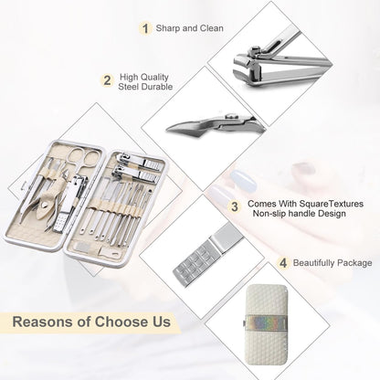 Yougai Manicure Set 18 Pieces Professional Nail Clippers Pedicure Kit Men Women, Stainless Steel Fingernail Toenail Cutters, Nail Care Grooming Tools with Leather Travel Case