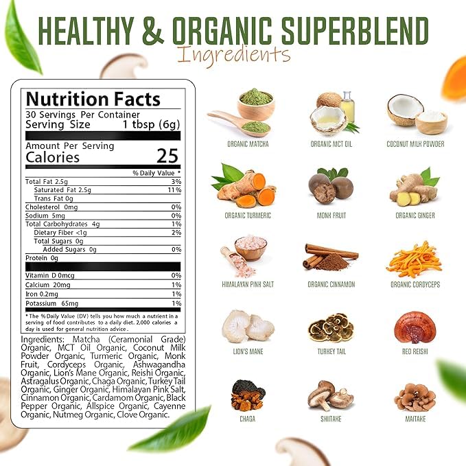 ReviTEAlize Mushroom Matcha Powder, Ceremonial Grade Matcha Powder 30 Svgs
