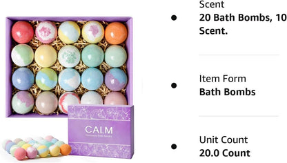 CalmNFiz 20PCS Bath Bombs for Women Presents Set Natural Wonderful Fizz Effect Bath Bomb with Shea Butter & Essential Oils, Bubble Bath Mothers Day Presents for Mom, Wife, Girlfriend
