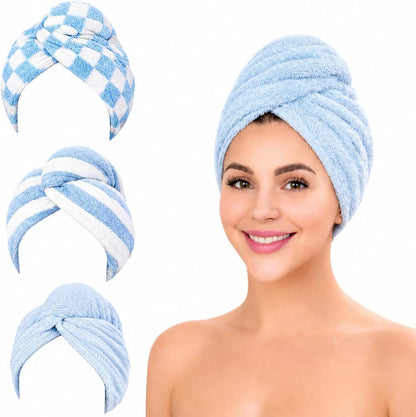 KELVO Microfiber Hair Towel Wrap for Women-Pack of 3, 350 GSM Super Absorbent Quick Dry Hair Turban Anti-Frizz Head Wrap for Curly, Long & Thick Hair Soft Hair Drying Towel (Checkered, Mixed Color)
