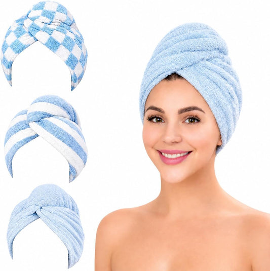 KELVO Microfiber Hair Towel Wrap for Women-Pack of 3, 350 GSM Super Absorbent Quick Dry Hair Turban Anti-Frizz Head Wrap for Curly, Long & Thick Hair Soft Hair Drying Towel (Checkered, Mixed Color)