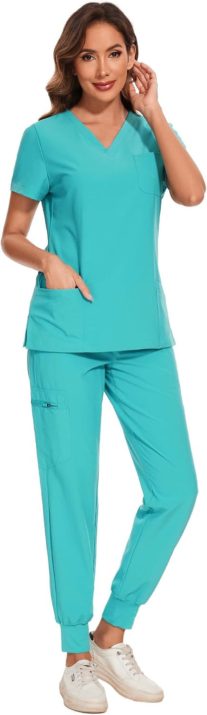 COZYFIT Scrubs for Women Set - Stretch V-Neck Scrub Top & Jogger Pant with 8 Pockets COZY SCRUBS - Colors C