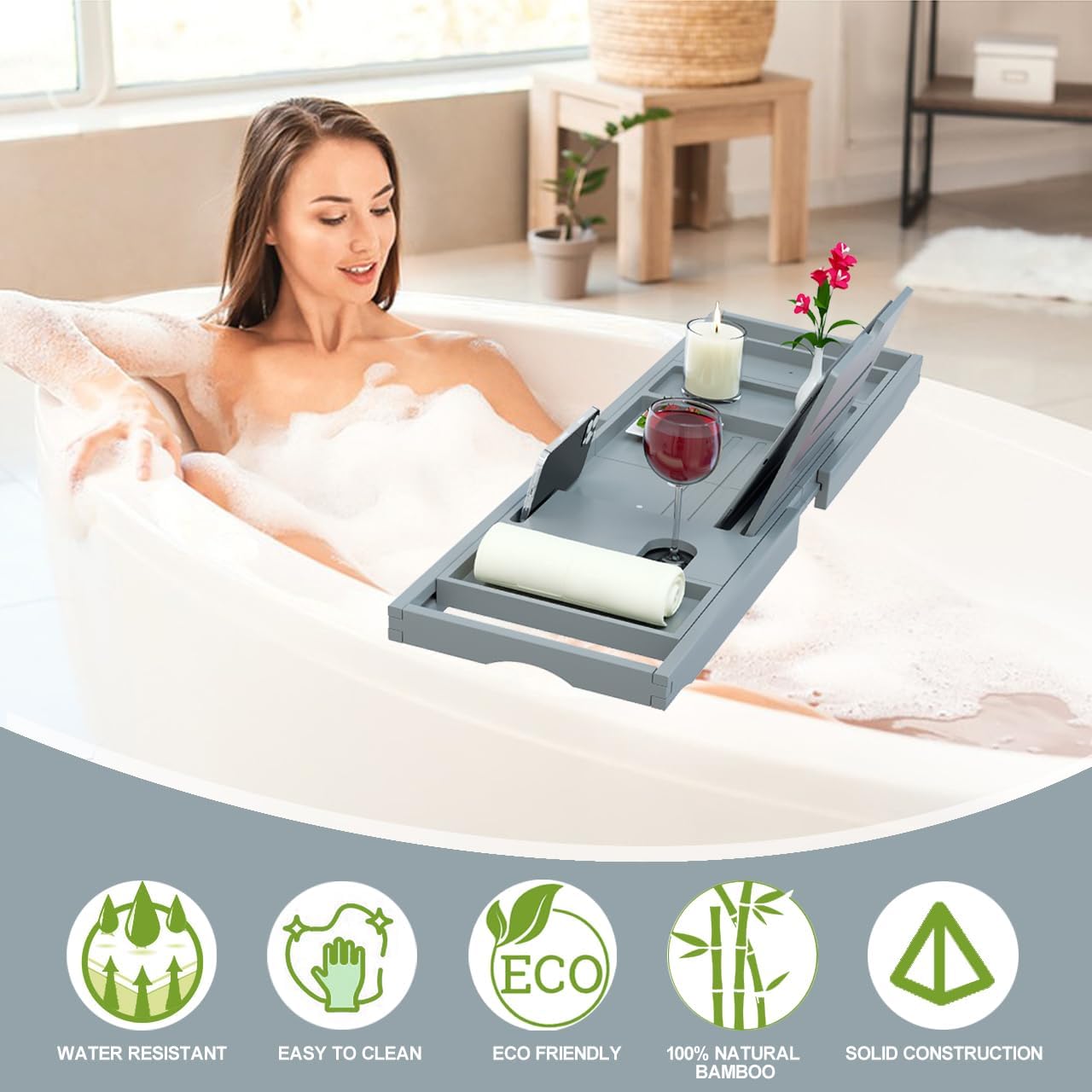 Premium Bamboo Bathtub Tray Caddy - Bath Tub Tray Table for Bathtub - Bath Caddy Tray for Bathtub, Expandable Size, Fits Most Bath Tubs