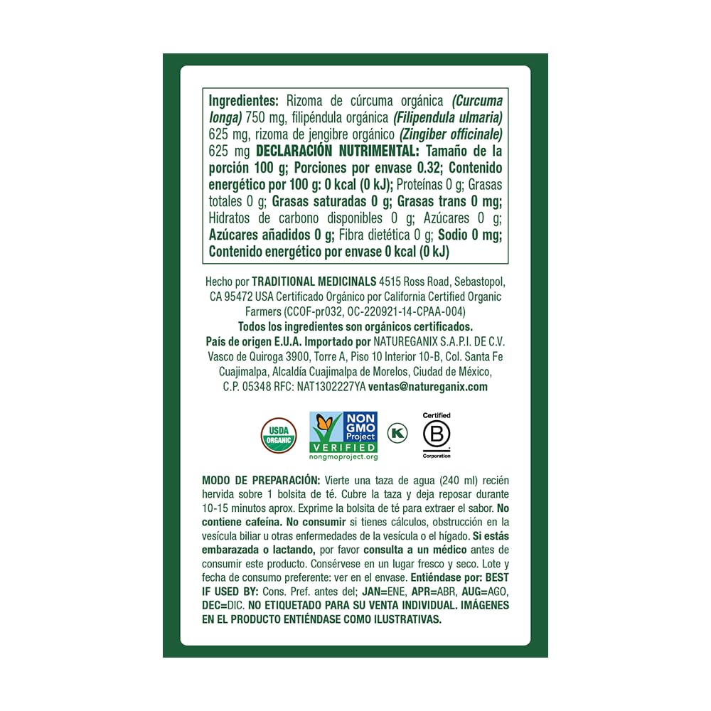 Traditional Medicinals Tea Turmeric Meadowsweet & ginger,16 count.