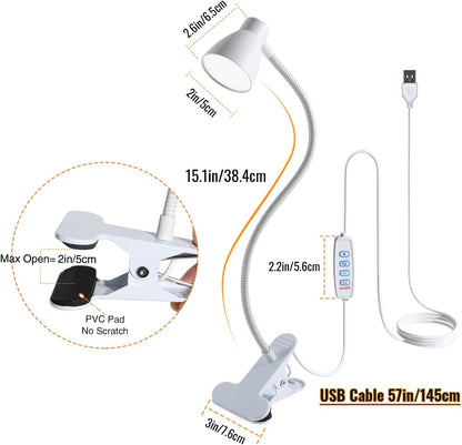 CRI 90+ Eye-Care Clip Light for Reading, 6W Small Clamp Lamp for Desk, Flexible Gooseneck Clip Lamp for Bed Headboard with 3 Color Modes & 10 Brightness(Adapter Include)