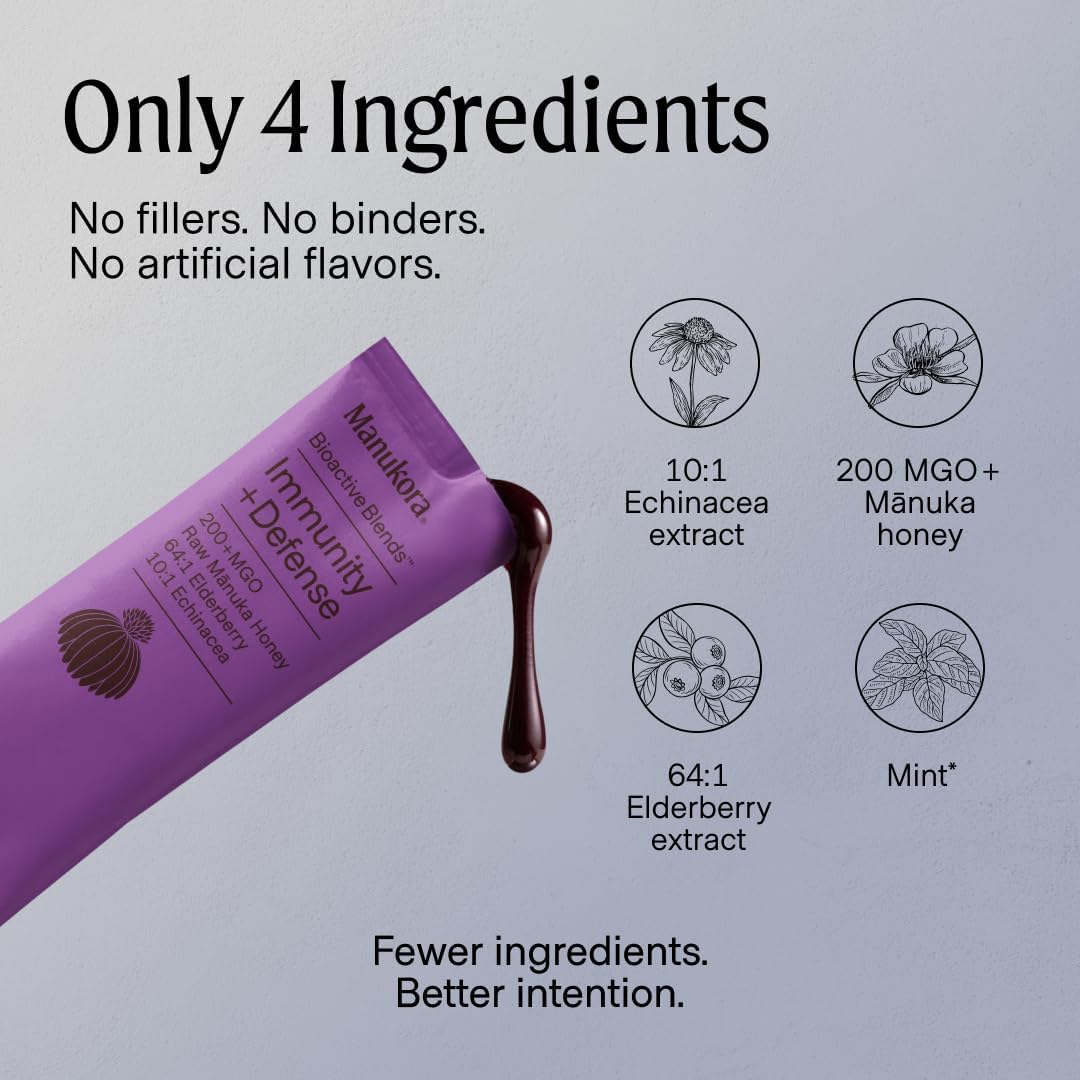 Manukora Immunity + Defense, Elderberry & Echinacea, Raw Manuka Honey