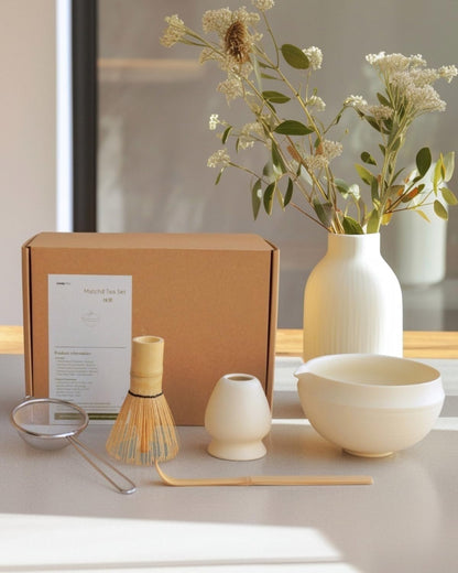 Matcha Set, 5 Pcs Matcha Whisk Set – Elegant Rounded Design Bowl with Folded Rim, Matte Buttercream Glaze, Comfortable to Use, Gift Box Included