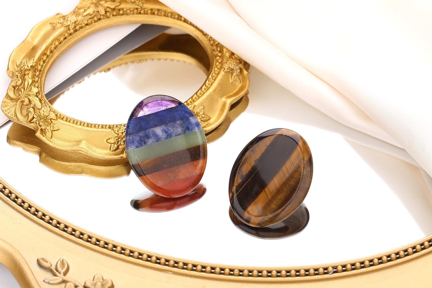 2PCS Worry Stone for Anxiety Tigers Eye Amethyst Healing Crystals Hand Thumb Stones Pocket Gemstones Meditation Accessories Oval Crystal Natural Relax Palm Stone Anxiety Relief Items Stocking Stuffers