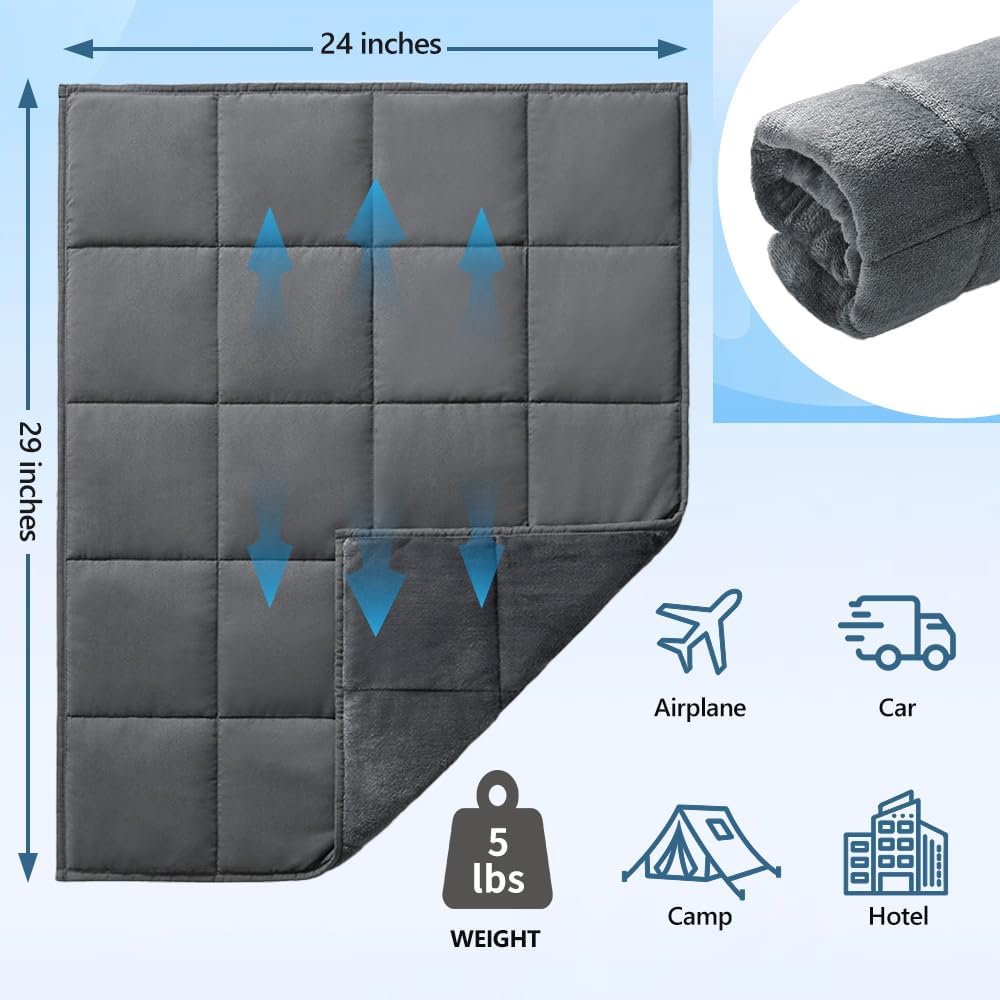L'AGRATY Weighted Lap Pad 7lb: Small Weighted Blanket for Adults - Cooling Portable Travel Blanket for Relaxation Sleeping - Washable All-Season (29" x 24")
