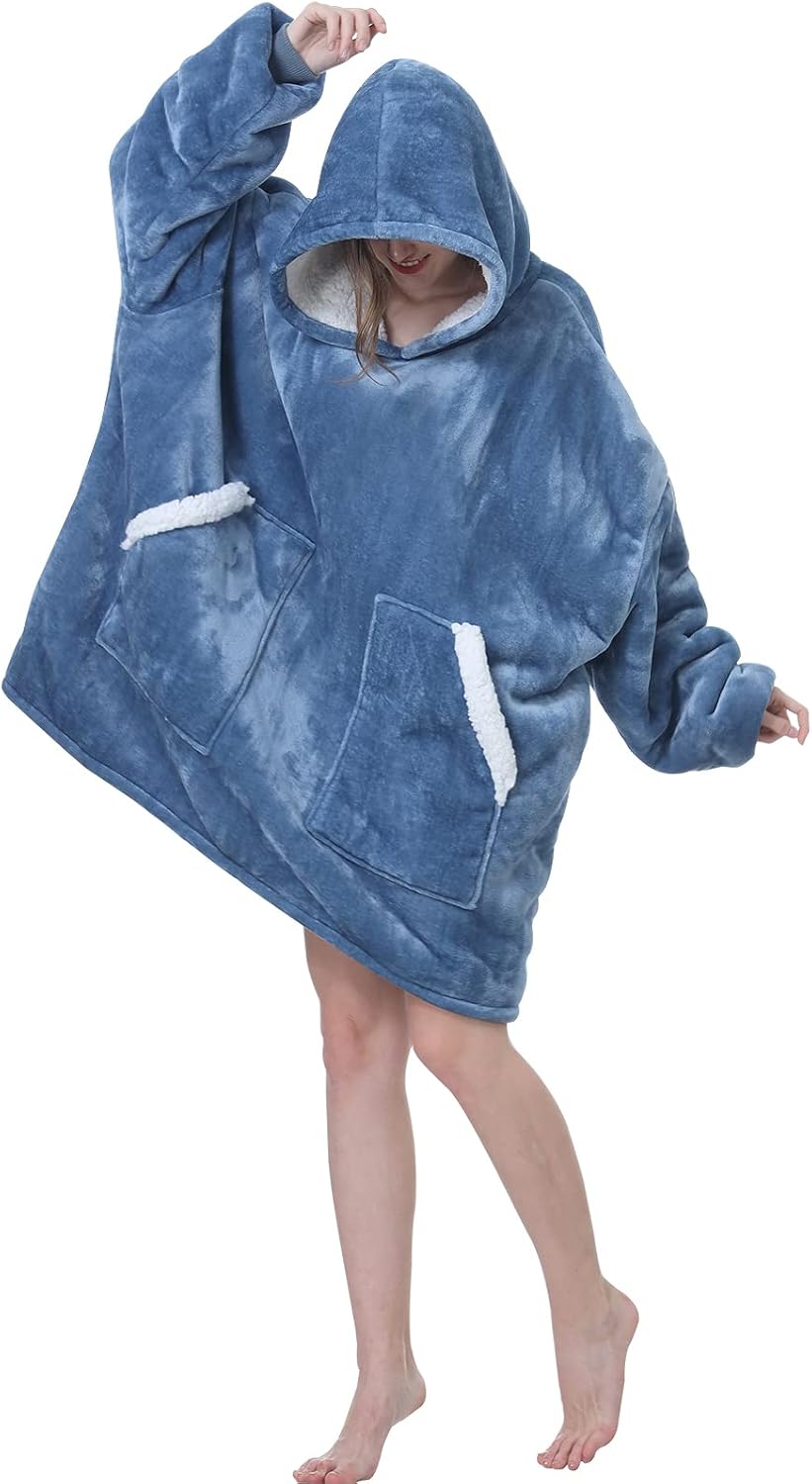 Kipswiza Wearable Blanket Hoodie Gifts for Women and Men, Oversized Cozy Warm Flannel Sherpa Hooded Blankets Sweatshirt with Giant Pockets for Adult and Teens, Dark Gray
