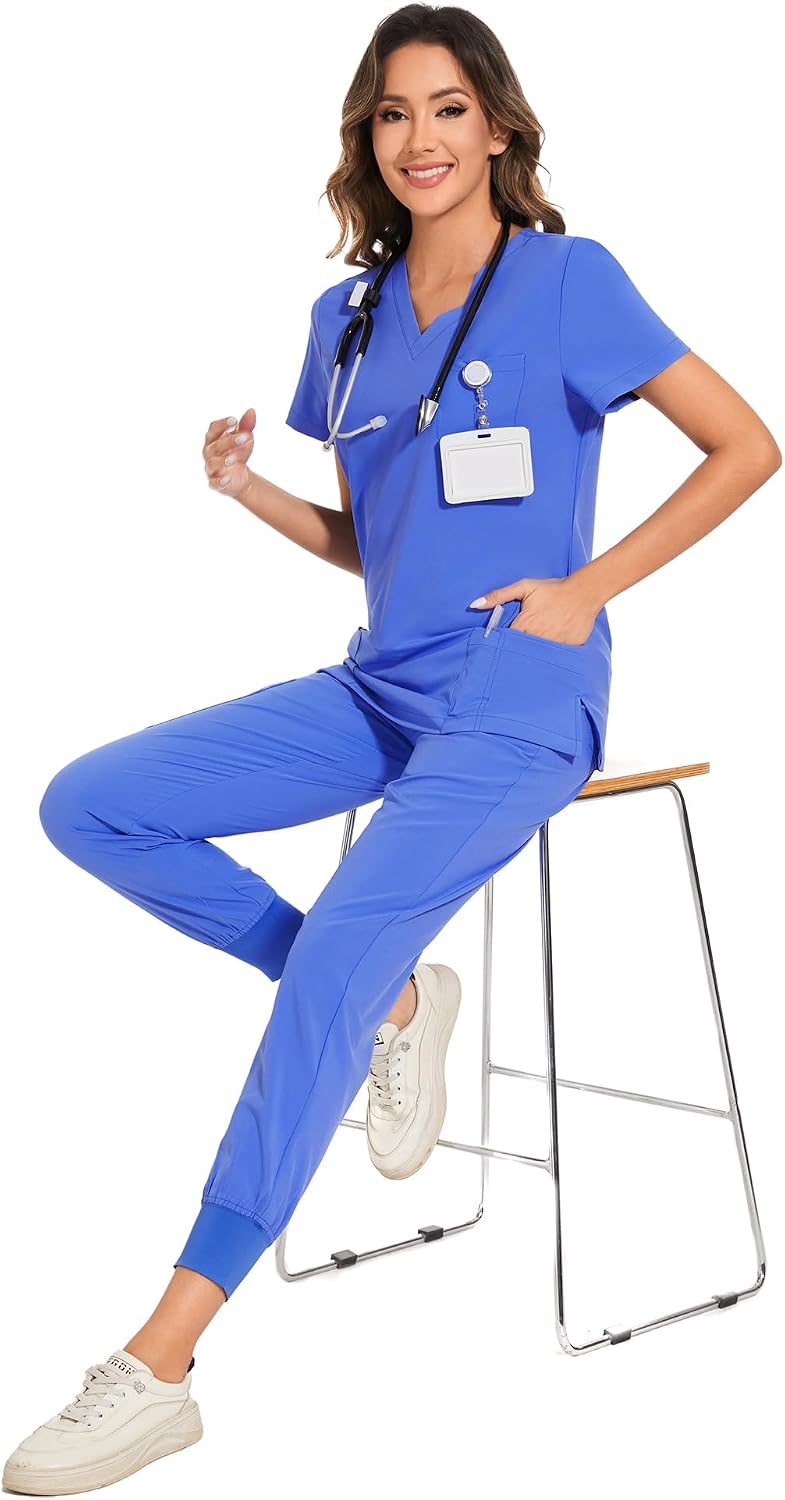 COZYFIT Scrubs for Women Set - Stretch V-Neck Scrub Top & Jogger Pant with 8 Pockets COZY SCRUBS - Colors A