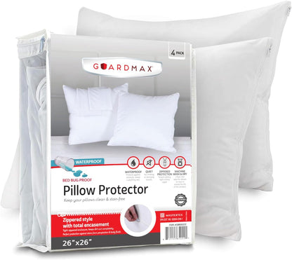 Guardmax Jersey Knitted Pillow Protector with Zipper Standard Size - 4 Pack -100% Waterproof, Bed Bug Proof, Dust Mite Proof, & Hypoallergenic Pillow Covers - Premium Zippered Pillow Cases. (20 X 26)