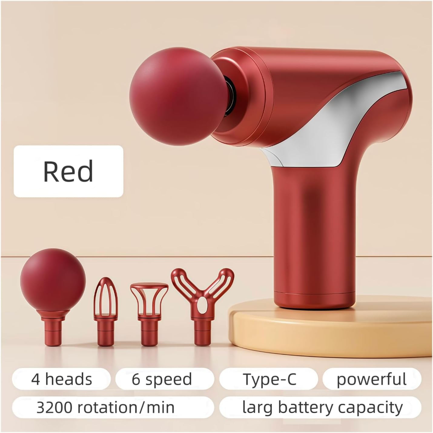 Mini Massage Gun, Handheld Deep Tissue Massager with 6 Speeds, Quiet Portable Palm Massager for Muscle Relaxation, Includes 4 Massage Heads, USB-C Rechargeable, Red & Black (Red)