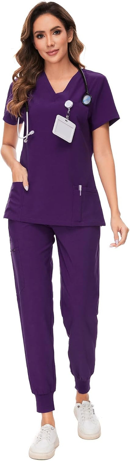 COZYFIT Scrubs for Women Set - Stretch V-Neck Scrub Top & Jogger Pant with 8 Pockets COZY SCRUBS - Colors D
