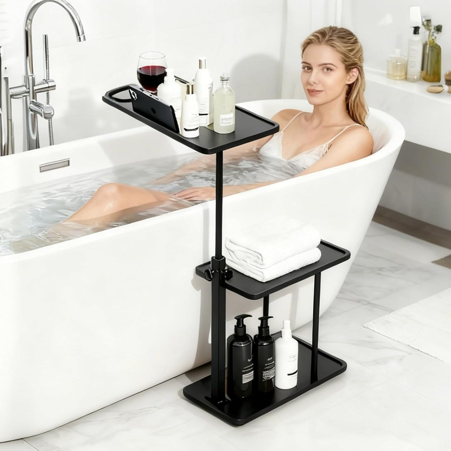 3 Layer Bathtub Tray Table,Bamboo Swivel Bathtub Side Table Height Adjustable,Freestanding Bathtub Tray for Tub Against Wall,Bathtub Accessories&Bathroom Organizer for Luxury Home Spa (Black)