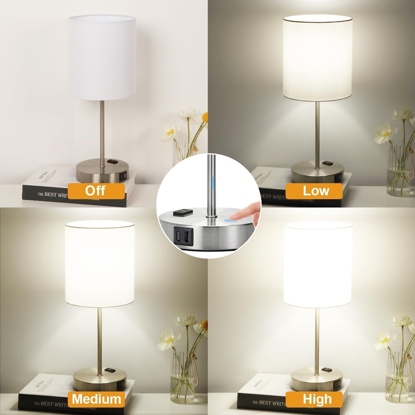 Set of 2 Touch Control Table Lamps with 2 USB & AC Outlet, 3-Way Dimmable Bedside Nightstand Lamps for Bedroom Living Room Nursery, 800 Lumens 5000K Daylight Bulbs Included