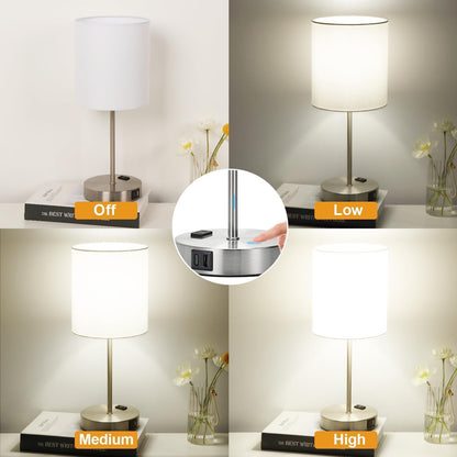 Set of 2 Touch Control Table Lamps with 2 USB & AC Outlet, 3-Way Dimmable Bedside Nightstand Lamps for Bedroom Living Room Nursery, 800 Lumens 5000K Daylight Bulbs Included