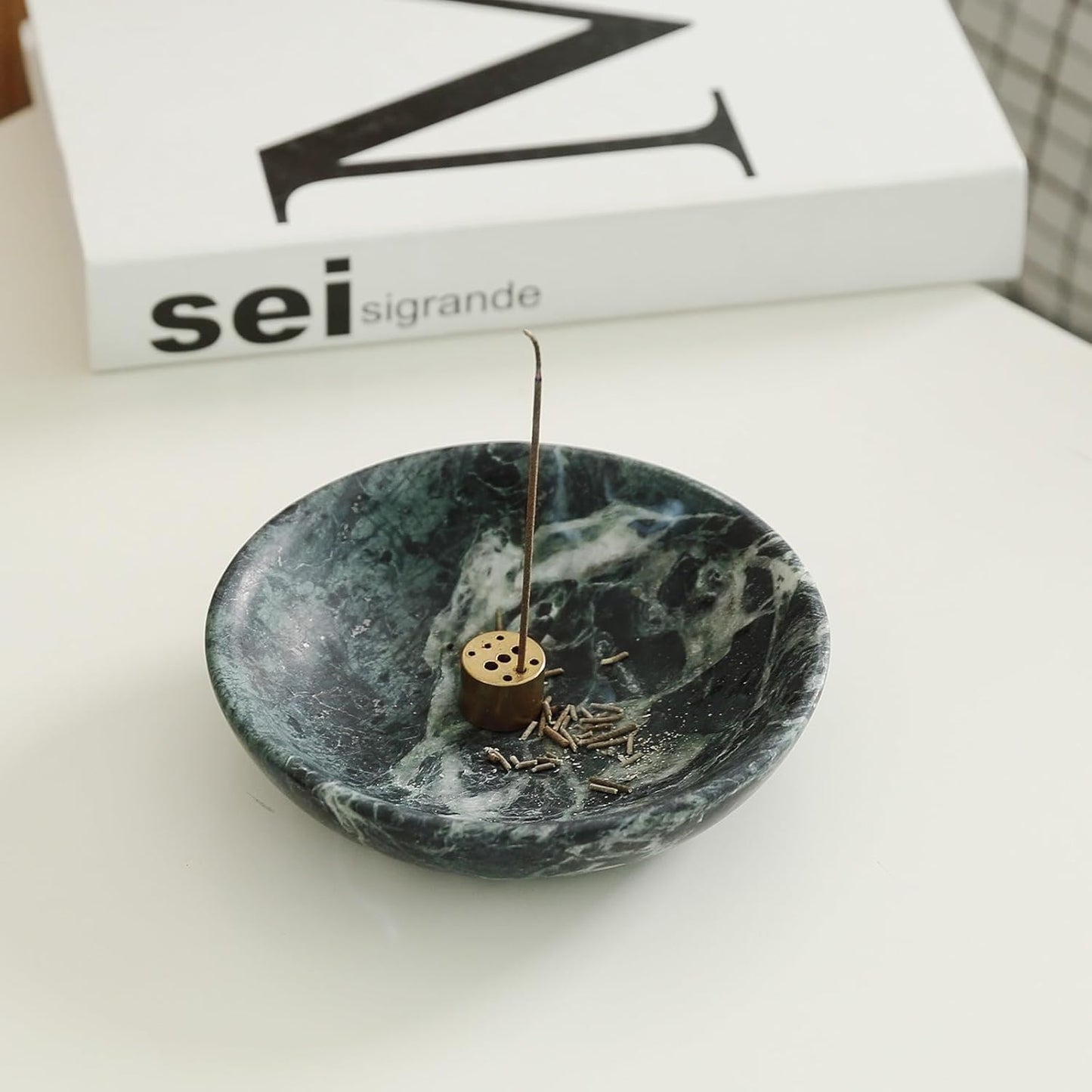Koville Natural Marble Incense Holder, Incense Holder for Sticks with 9 Holes, Handmade Incense Burner Ash Catcher for Meditation Yoga SPA, Balsam Fir/Palo Santo/Sage/Cone (White)