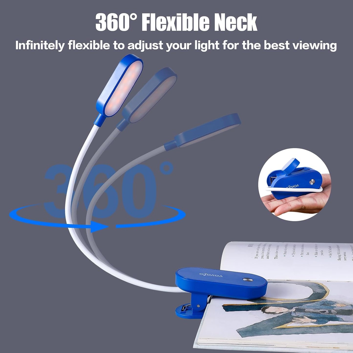 VAVOFO Rechargeable Book Light, 14 LEDs Eye Care Clip On Amber Reading Light for Bookworms Reading in Bed with 9 Colors 9 Brightness (White-Blue)