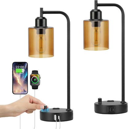 Industrial Table Lamps for Bedrooms Set of 2 - Fully Dimmable Bedside Lamps with USB A and C Ports and Outlet, Black Nightstand Lamps with Glass Shade for Living Room, Desk Lamps for Office Reading