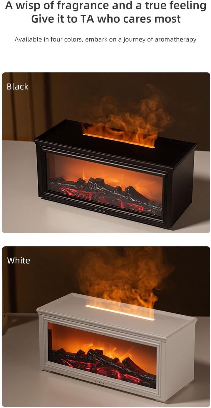 Fireplace Flame Essential Oil Diffuser, 280ml Aromatherapy Humidifier with Remote Control, 7 Color LED Lights, Ultrasonic Aroma Diffuser for Home Bedroom Office Yoga Spa, White
