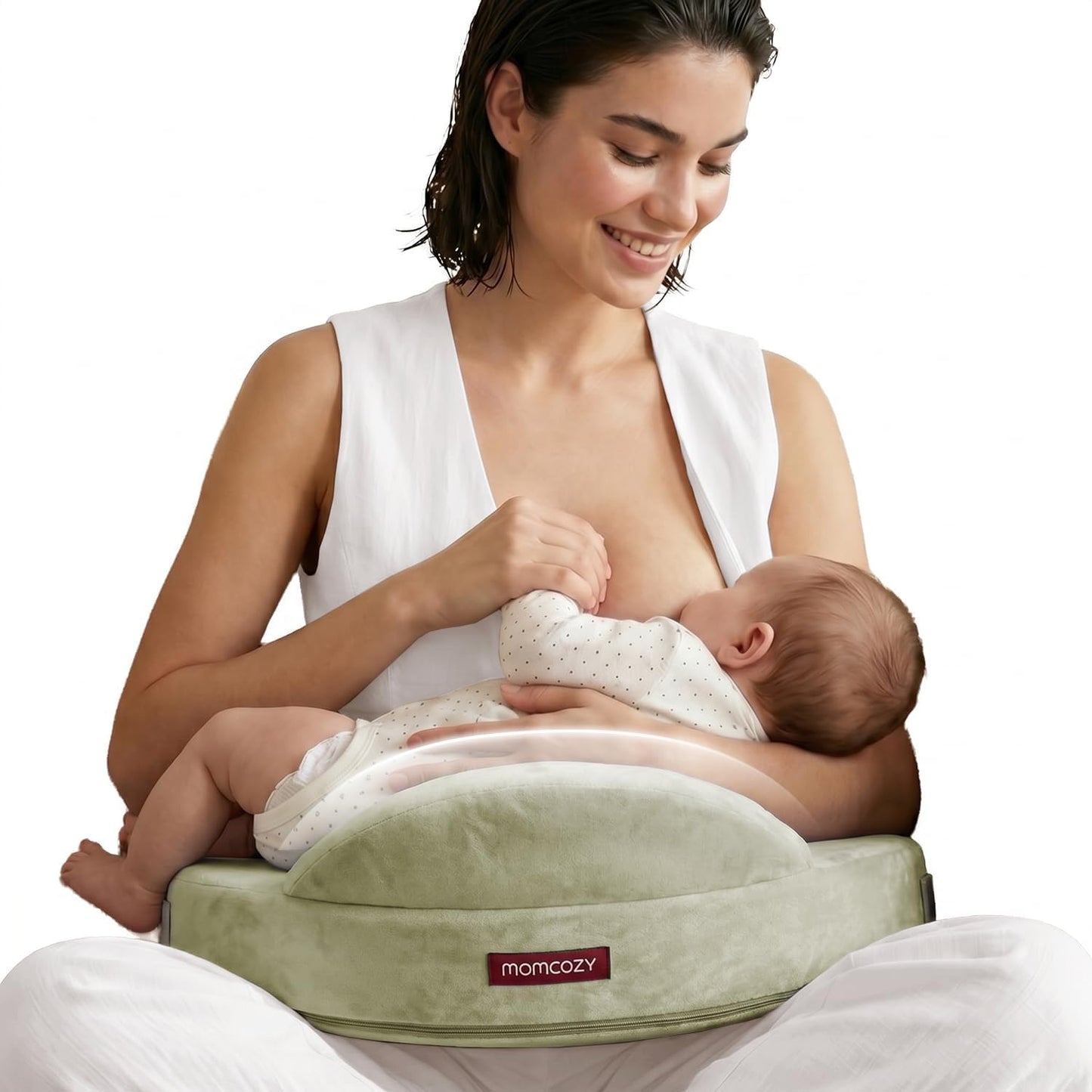 Momcozy CozyPro Nursing Pillow - All Around Lumbar & Arm Support - Safety Guard, Firm & Springy Memory Foam-Stable, Ergonomic Support, Easier Breastfeeding, Wider Cushion, Adjustable, Removable Cover