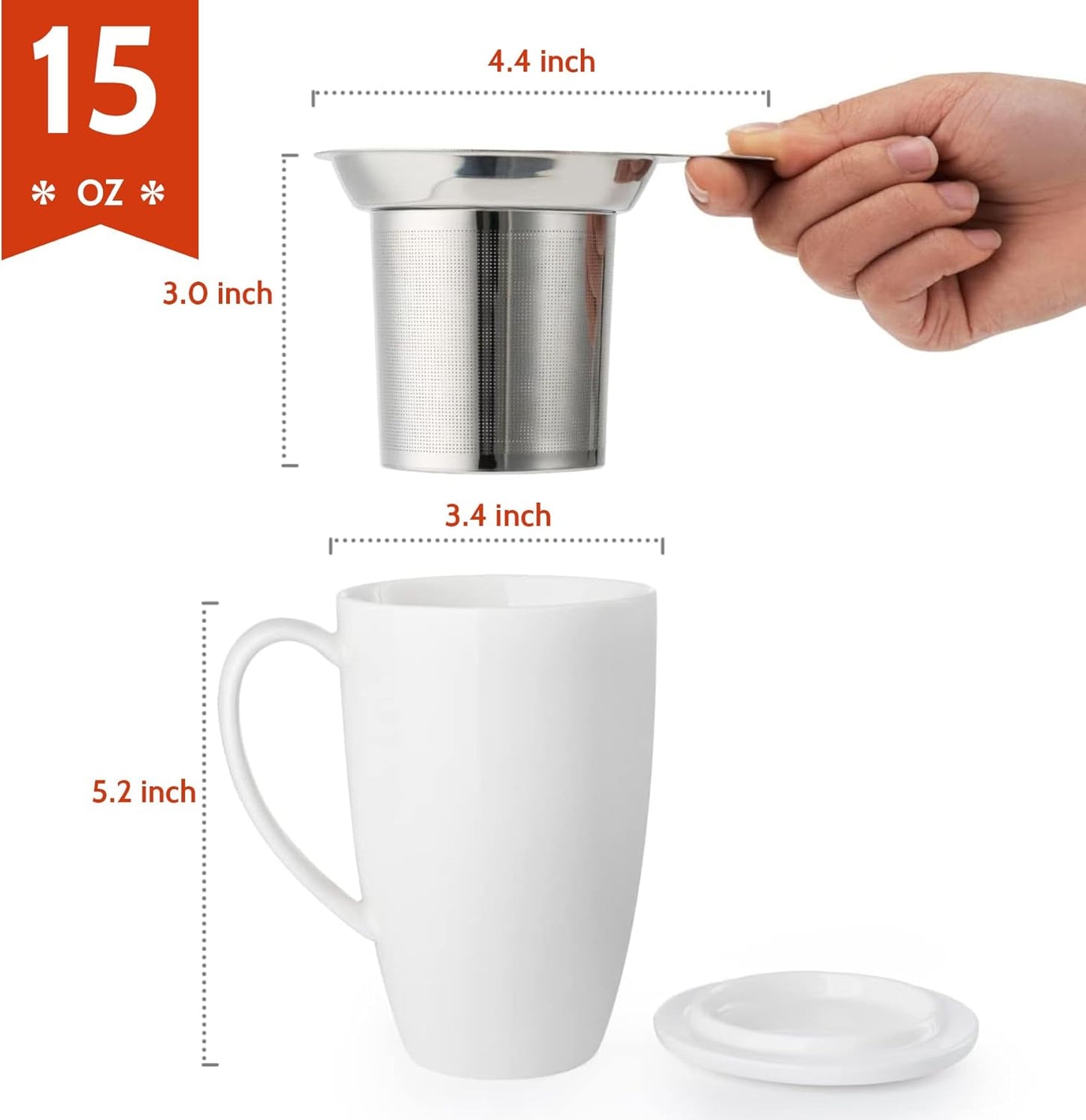 Sweese 15oz Porcelain Tea Mug with Infuser and Lid – Microwave Safe, Ergonomic Handle, Lead-Free Glaze, for Loose Leaf Tea