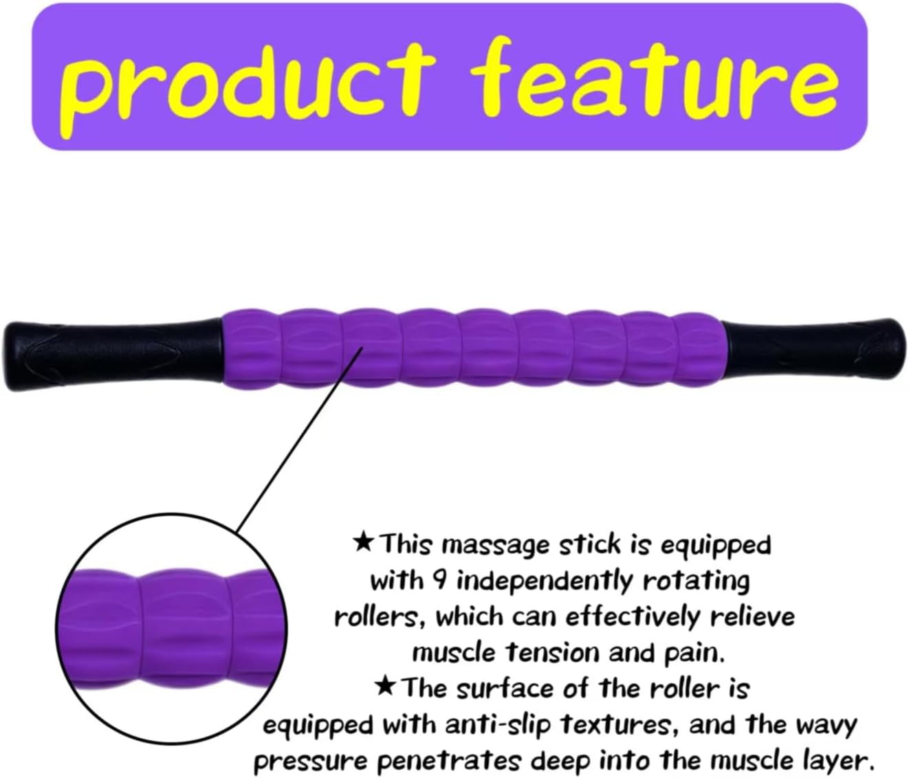 Muscle Roller Stick - A Full-Body Massage Roller that Can Relieve Muscle Soreness, Cramps and Tension After Exercise. It is a Handheld Physical Therapy and Recovery Tool（Black and Purple）