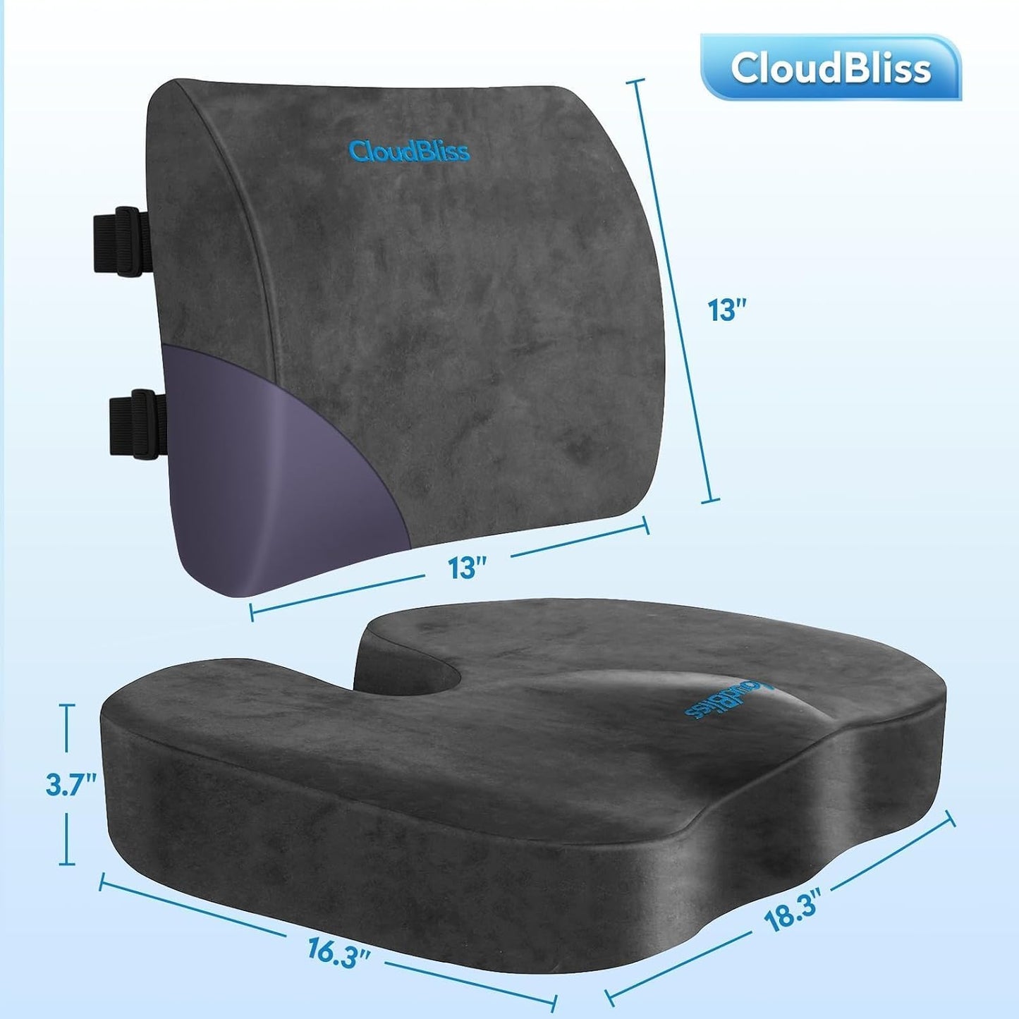 CloudBliss Lumbar Support Pillow & Seat Cushion Set for Office Chair, Desk Chair, Wheelchair & Car – Memory Foam Back Support, Ergonomic Chair Cushions, Sciatica Pain Relief, Home Essentials, Black