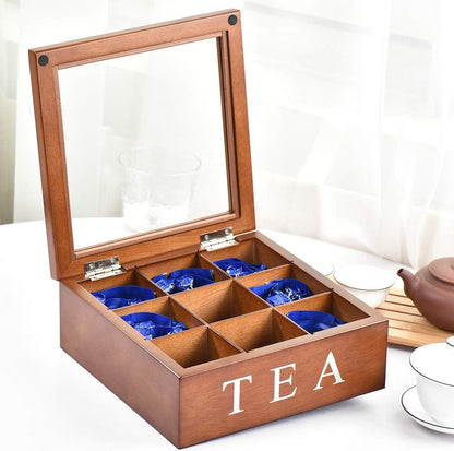 Wood Tea Storage Box, Teabag Storing 9 Compartments Wooden Tea Box Hinged Glass Lid Tea Organizer-Black