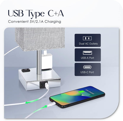 Bedside Table Lamp for Bedroom - Touch Small Lamp with USB C+A Charging Ports & AC Outlets, 3 Way Dimmable Nightstand Light for Living Room (LED Bulb Included, Grey)