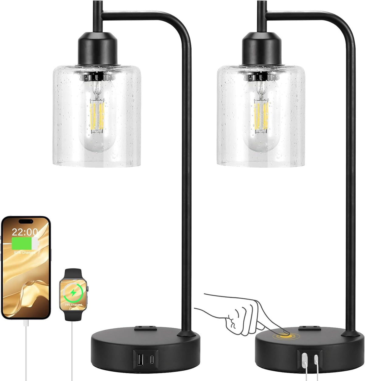 Industrial Touch Lamps for Nightstand Set of 2, 3-Way Dimmable Bedside Lamp