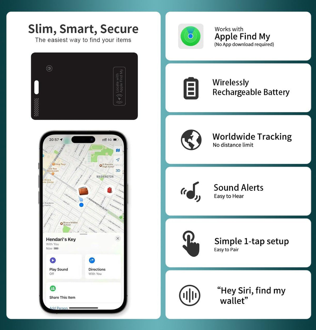 Wallet Tracker Card – Apple MFi Certified, Works with Apple Find My (iOS Only), Rechargeable Slim Tracking Card & Finder, 6-Month Battery, Item Locator for Wallet, Purse, Luggage, Passport