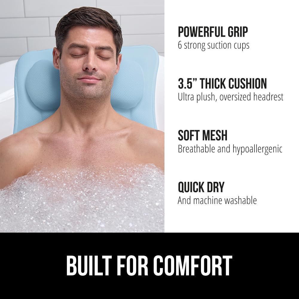 GORILLA GRIP Bath Pillow for Tub, 6 Strong Suction Cups, 4D Mesh FlexComfort Headrest for Neck, Head and Back Support, Luxury Machine Washable Pillows, Bathtub Accessories, Spa Gifts for Women, White