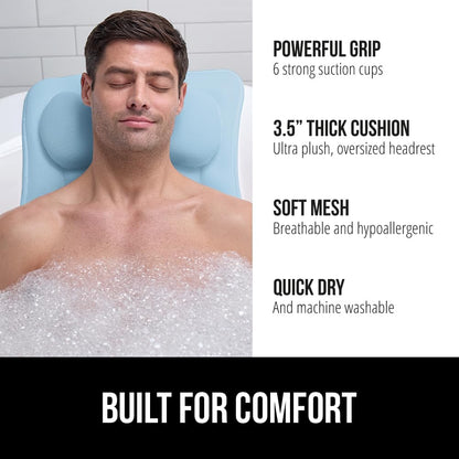 GORILLA GRIP Bath Pillow for Tub, 6 Strong Suction Cups, 4D Mesh FlexComfort Headrest for Neck, Head and Back Support, Luxury Machine Washable Pillows, Bathtub Accessories, Spa Gifts for Women, White