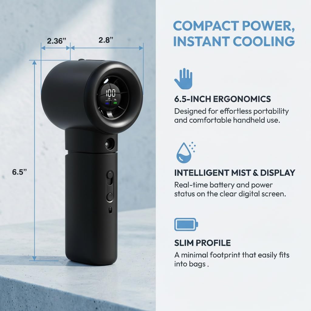 Handheld Turbo Misting Fan with LED Display & Safety Lock
