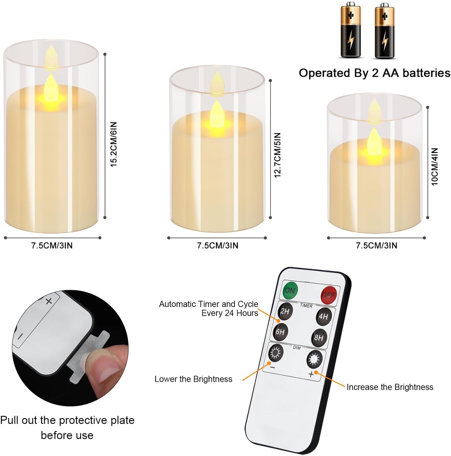 wemarry Flameless Candles 4" 5" 6" Acrylic Glass Pillars 3" Diameter Battery Operated Flickering Candles Include 8-Key Remote with Timer Function 400+ Hours (Gray, Warm Light 3 Pack)