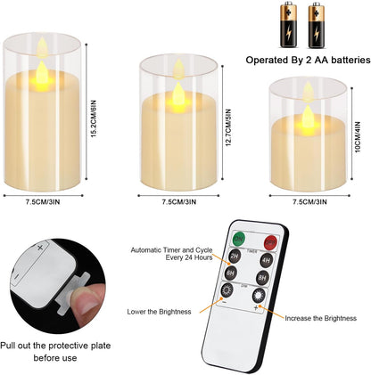 wemarry Flameless Candles 4" 5" 6" Acrylic Glass Pillars 3" Diameter Battery Operated Flickering Candles Include 8-Key Remote with Timer Function 400+ Hours (Gray, Warm Light 3 Pack)